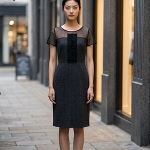 Vera Wang Open Back dress ,wool silk blend short sleeved dress with sheer top